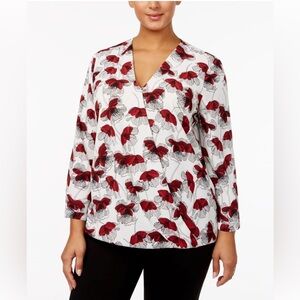 Alfani Red and White Bloom Wrap Blouse with Notched Collar NWT 80.00